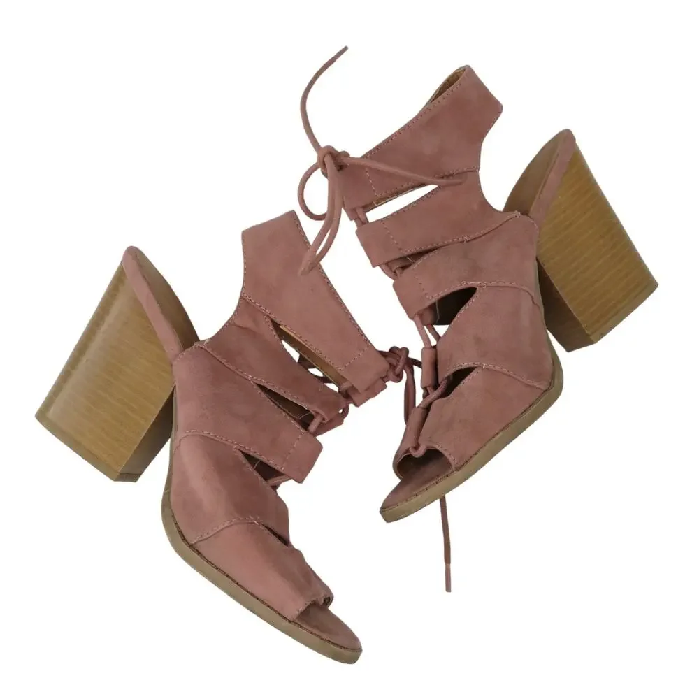 Charlotte Russe Pink Suede Ankle Boots Stacked Heel Lace Up Size 7.5